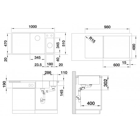 Kuchyňský dřez Blanco Axia III 6 S Šedá skála, levý, se skleněnou krájecí deskou a miskou